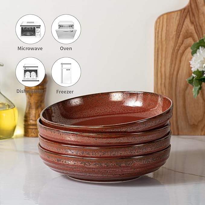 HAPPY KIT 9'' Large Pasta Bowls, 42 Oz, Stoneware Reactive Glaze Salad Bowl Set of 4, Ceramic Serving Bowls for Fruit,Soup,Noodle, Dinner, Scratch Resistant, Rust Red
