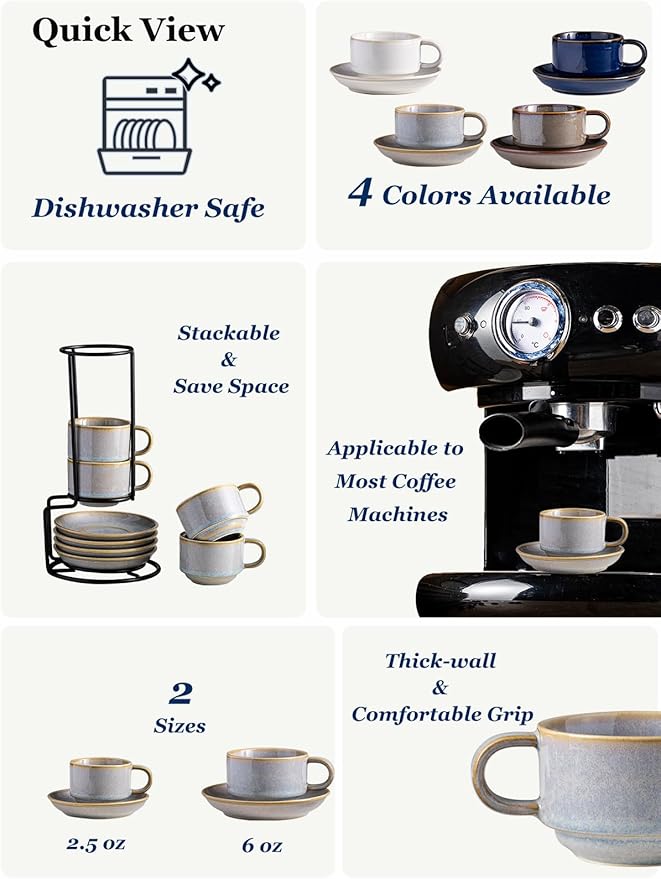 Gomakren 2.5 Ounce Espresso Cups Set of 4, Small Stackable Coffee Cups with Saucers and Metal Stand, Porcelain Demitasse Cups for Specialty Coffee Drinks, Espresso, Cappuccino, Latte, Tea, Gray