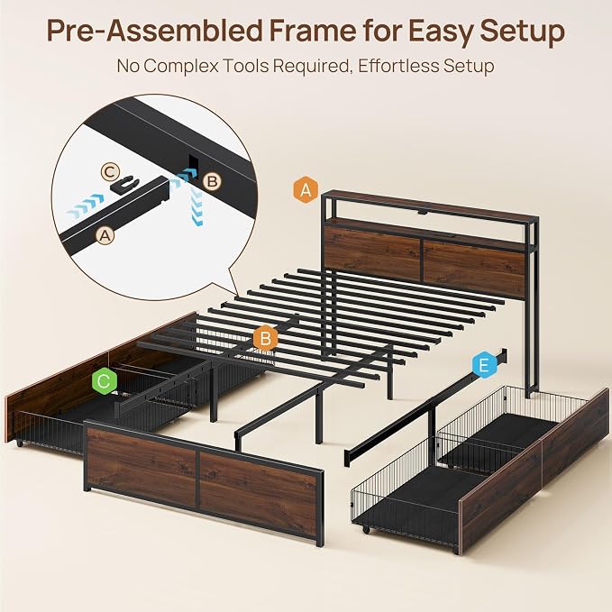 Rolanstar Twin Bed Frame with 4 Storage Drawers & 2-Tier Storage Headboard - Image 3