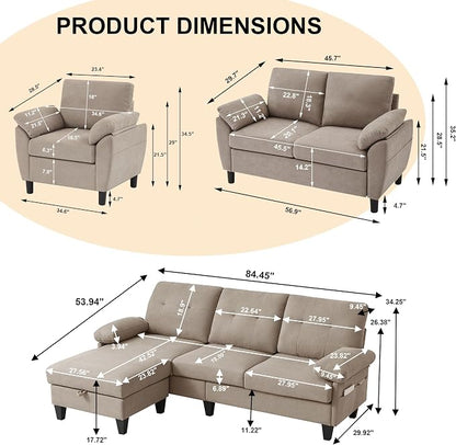 84" Convertible Sectional Sofa Set, 3 Seat L Shaped Couch - Image 2