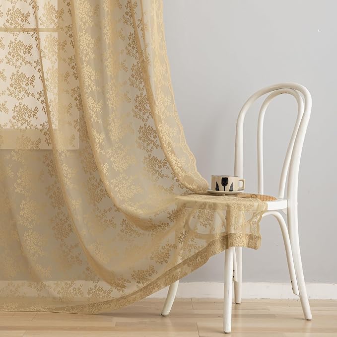 YJ YANJUN Vintage Lace Curtains 72 Inches Long-Victorian Floral Pattern Tan - Image 4
