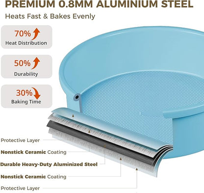 HONGBAKE 9 Inch Round Cake Pan Set of 2, Nonstick Ceramic Coating Cake Molds with Diamond Texture, Aluminized Steel Cake Pans Sets for Baking & Cheesecake, Heavy Duty & Non-Toxic (Light Blue, 2PCS)