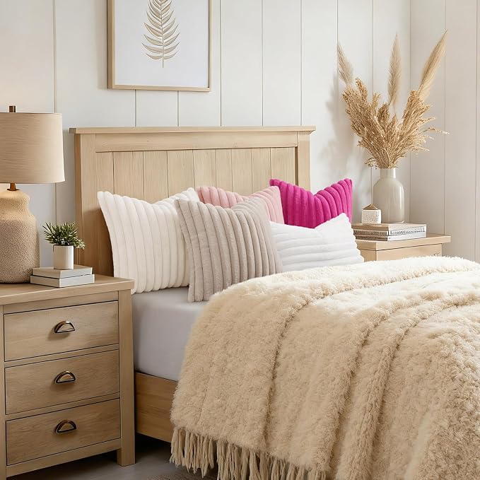 decorUhome Fall Faux Fur Throw Pillow Covers 16x16 Set of 2 White | Decorative - Image 8