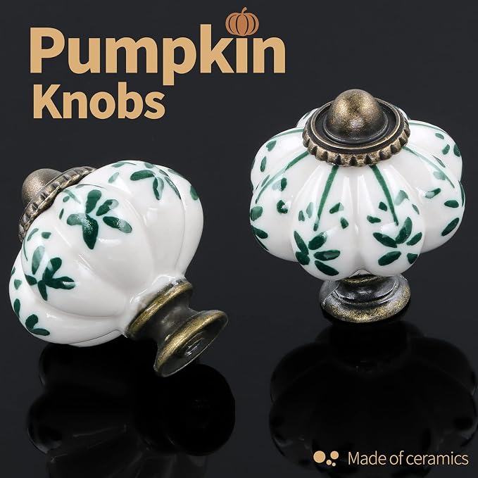 Ivory & Green Pumpkin Knobs 2 Pack Ceramic Cabinet Knobs Vintage Drawer Pulls - Image 5
