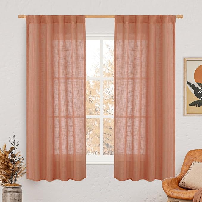 60 Inch Length Window Linen Curtains, Light Filtering Sheer Panels | Neutral by LAMIT