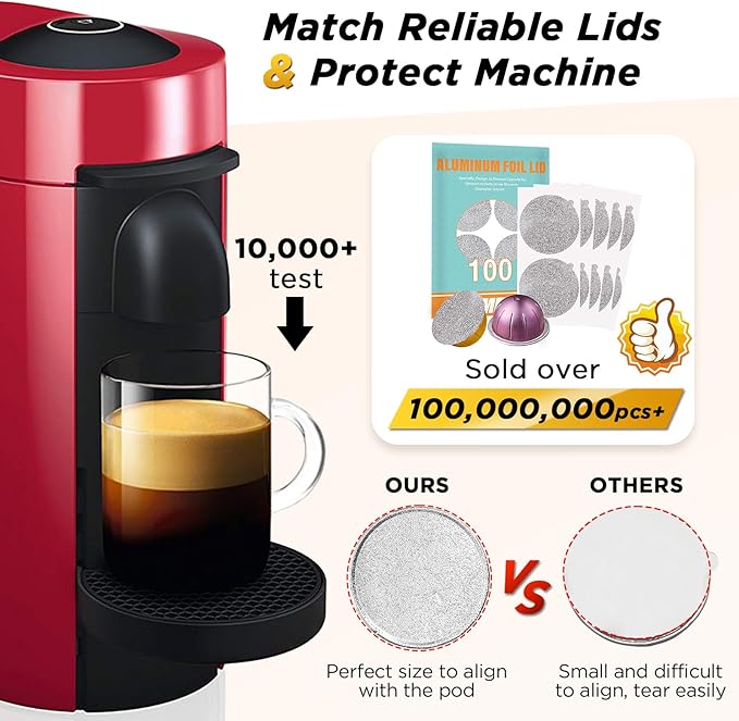 CAPMESSO Reusable Vertuo Pod Refill Kit, Faster Seal Reusable Nespresso Vertuo Pods with Fill & Press Brush,100pcs Aluminum Foil Lids for Refillable Nespresso Pods Vertuo
