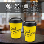 Smygoods Disposable Coffee Cups with Lids, To Go Paper Hot Cups, Good Morning Design (12 OZ, 100 Count) For Hot Beverages, Coffee, Tea, Espresso, Cocoa - Vasos Para Cafe