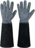 HANDLANDY Long Gardening Gloves for Men & Women, Cowhide Leather Rose Pruning Gloves, Breathable Thorn Proof Gauntlet Glove (Dark Grey-Black, L)