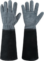 HANDLANDY Long Gardening Gloves for Men & Women, Cowhide Leather Rose Pruning Gloves, Breathable Thorn Proof Gauntlet Glove (Dark Grey-Black, M)