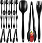 20Pcs Disposable Plastic Serving Utensils for Parties, Buffet Serving Utensils Set-8 Black Plastic Serving Spoons, 4 Tongs and 8 Forks for Catering, Entertaining and Parties