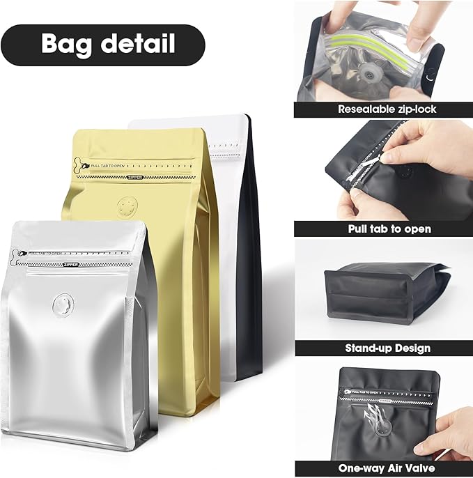 Coffee Bags with Valve(60pcs,16 oz,1 lb) Vented Coffee Beans Packaging Bags High Barrier Aluminumed Foil Flat Bottom Heat Sealed Side Zipper Resealable Storage Bag for Home or Business（White+Green）