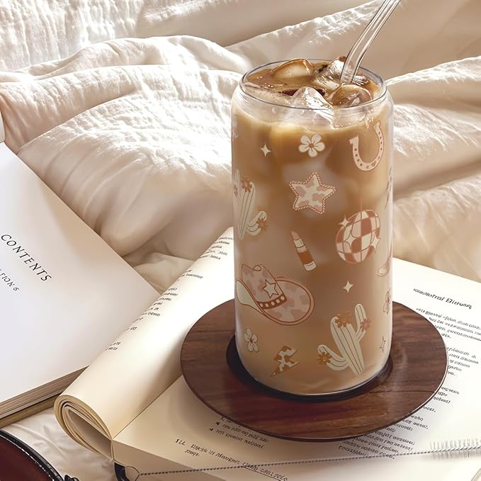 Western Cowgirl 16oz Can Glass Tumbler with Acrylic Lid & Straw, Iced Coffee Cup for Women, Aesthetic Cups Gifts for Birthday Christmas