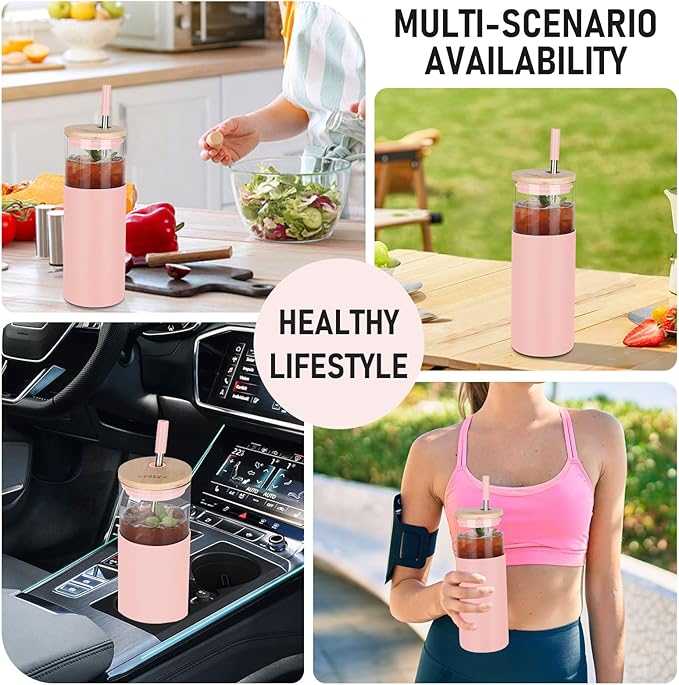 Glass Tumbler w/Lids & Straw: 24 oz Reusable Glass Cup w/Bamboo Lid, Stainless Steel Straws, BPA-Free, Leak-Proof, Dishwasher Safe for Coffee/Smoothies/Hot Beverage, Travel/Office/Home Use, 1-Pk