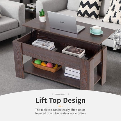 FDW Lift Top Coffee Table with Hidden Compartment and Storage Shelf Wooden Lift - Image 6
