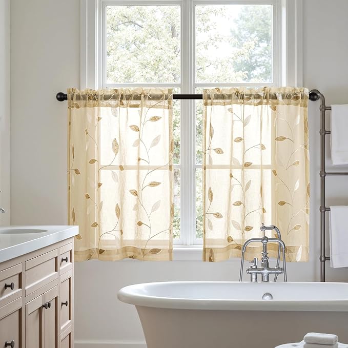 MIULEE Beige Sheer Curtains 2 Panels Leaf Patterned, W30 x L30 | Embroidered - Image 7