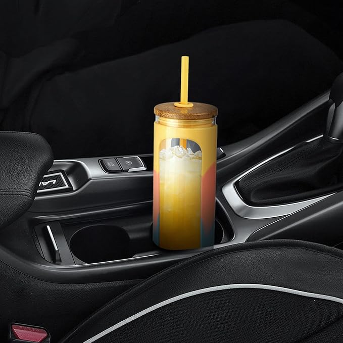 Kodrine 20oz Glass Tumbler with Straw and Lid, Iced Coffee Cups with Bamboo Lids, Glass Cups for Cold Drinks, Smoothie Cup with Silicone Sleeve for Travel, Work, BPA FREE-Red Yellow