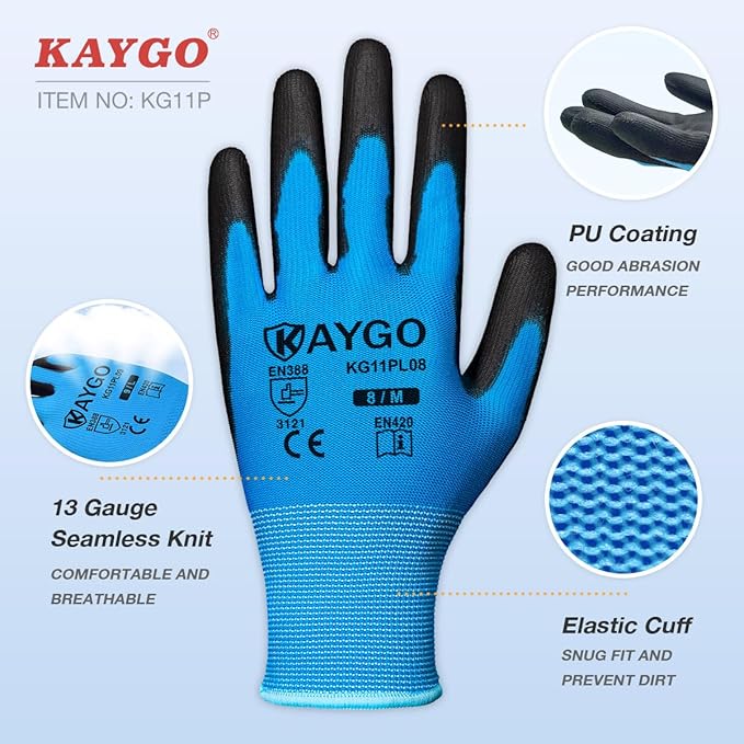 KAYGO Safety Work Gloves PU Coated-60 Pairs Seamless Knit Glove with Polyurethane Coated Smooth Grip on Palm & Fingers, for Men and Women, Ideal for General Duty Work, KG11P (L,Blue)