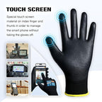 KAYGO Safety Work Gloves PU Coated for Men and Women, 60 Pairs KG11PB, Seamless Knit Glove with Two Fingers Touchscreen, breathable and lightweight Ideal for General Duty Work (XL,Black)
