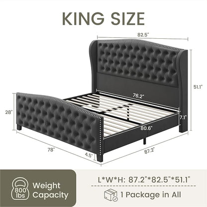 LARMACE King Size Bed Frame Velvet Upholstered Platform Bed - Image 2