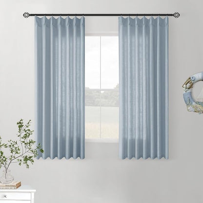 Dusty Blue Pinch Pleated Linen Semi Sheer Curtains 45 Inch Length 2 Panels | by Twodrapes