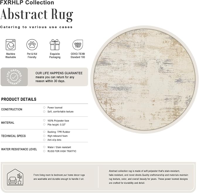 Round Area Rug Living Room: 6 ft Modern Washable Indoor Carpet | - Image 2