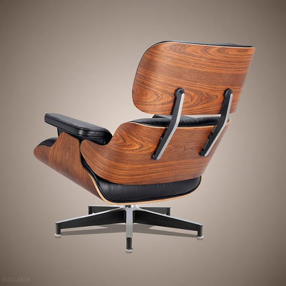 Top Black Grain Leather, Mid Century Chaise Lounge Chair and Ottoman, Accent - Image 9