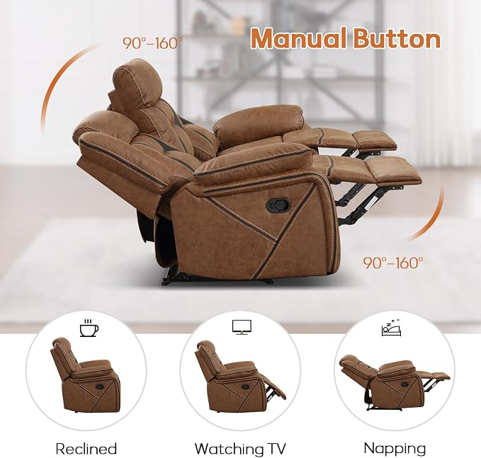 EBELLO Faux Leather Manual Reclining Sofa, 3 Seat Recliner Sofa Chair, Couch - Image 4