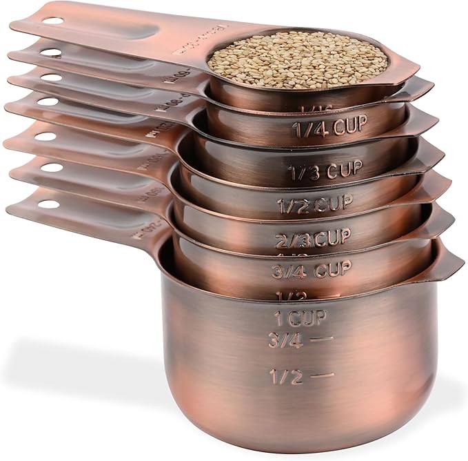 Copper Measuring Cups and Spoons - 17 Piece Set, 7 Cups and 9 Spoons with 1 Leveler for Kitchen