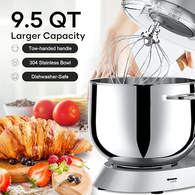 9.5 Qt Stand Mixer, 10-Speed Tilt-Head Food Mixer, Vezzio 660W Kitchen Electric Mixer with Stainless Steel Bowl, Dishwasher-Safe Attachments for Most Home Cooks(Silver)