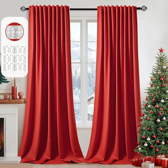 MIULEE Christmas Red Back Tab Blackout Curtains 52x108 Inch Long 2 Panels | Rod by MIULEE