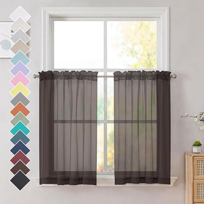 Brown Sheer Curtains 36 inches Long, Short Kitchen Window Treatment Solid by OVZME