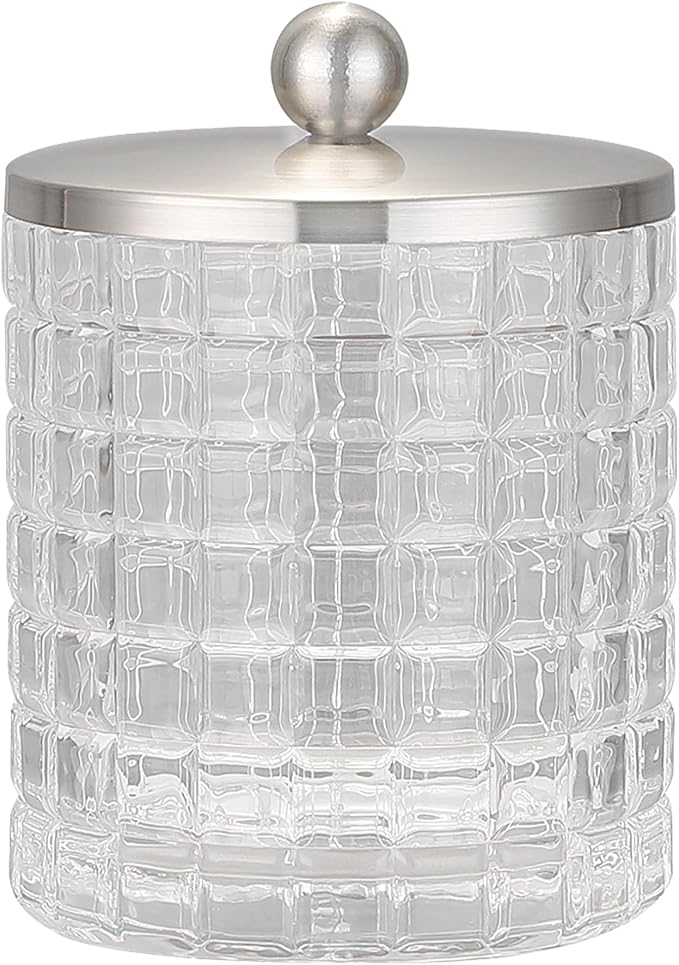 Glass Jar with Metal Lid for Bathroom Organization, Clear Apothecary Jar for Cotton Balls, Q Tips, and Small Accessories, Stylish Bathroom Storage Container Clear, Nickel