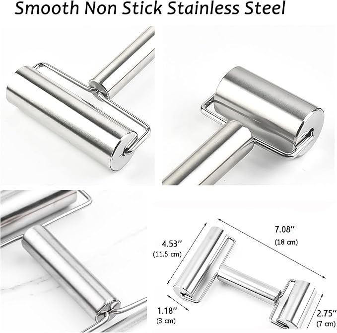 Pastry Pizza Roller, Smooth Non Stick Stainless Steel Rolling Pin Time-Saver Pizza Dough Roller for Home Kitchen Baking Cooking, H Shape Rolling Pins