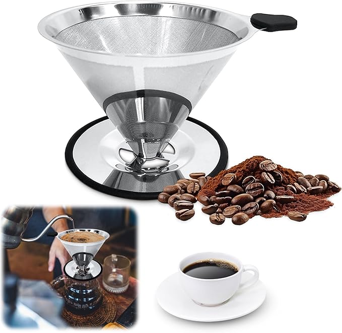 Pour Over Coffee Dripper-Stainless Steel Coffee Filter,Reusable Drip Cone Coffee Filter Portable Pour for 1-4 Cup (With Silicone Ring, L)