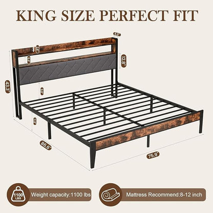 King Size Bed Frame with Charging Station, King Bed Frame with Upholstered - Image 2