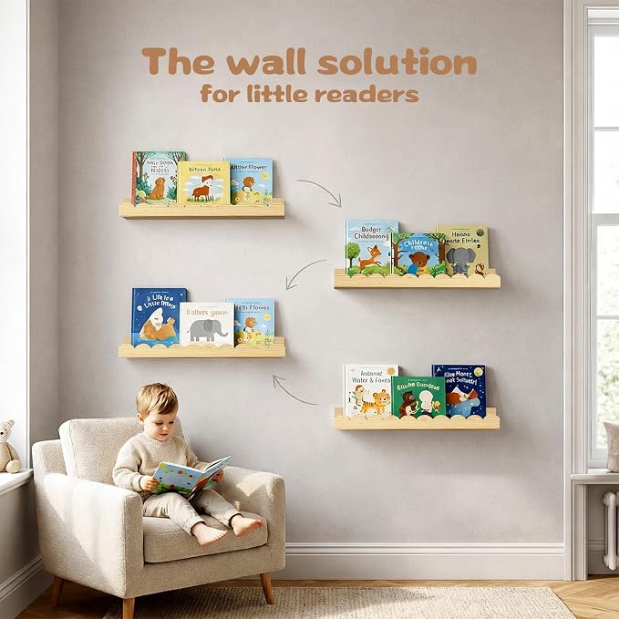 Nursery Floating Shelves for Kids Room, 4 Pack 15.7 Inch Natural Wood Wall - Image 5
