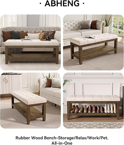 ABHENG Solid Rubber Wood Shoe Bench, Soft Chenille Material Upholstered Seat - Image 7