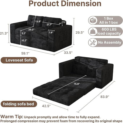 Gizoon Convertible Loveseat Sleeper Sofa Bed, Corduroy Pull Out Couch - Image 2