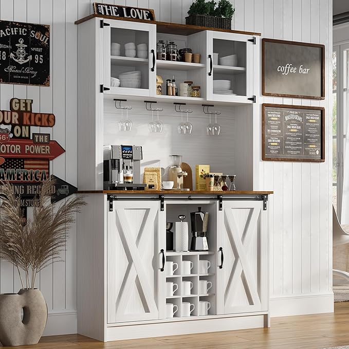 4ever2buy Farmhouse Coffee Bar Cabinet with 2 Glass Doors, 72'' White Bar Cabinet with Sliding Barn Door, Tall Wine Bar with 9 Racks, Coffee Bar Hutch with Storage for Living Room
