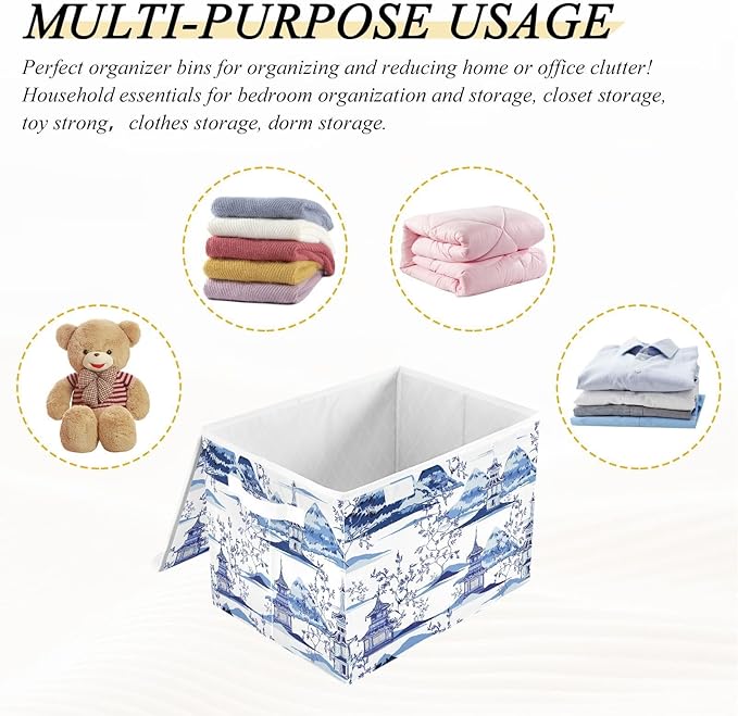 susiyo Ink Chinoiserie Pagodas Storage Bin Large Collapsible Storage Box Stackable design Fabric Storage Bins with Lids Decorative Multi-Color Foldable Organizing Baskets For Closet