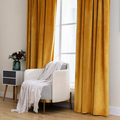 MIULEE Velvet Blackout Curtains 52x63 inches 2 Panels Mustard Yellow | Luxury - Image 7