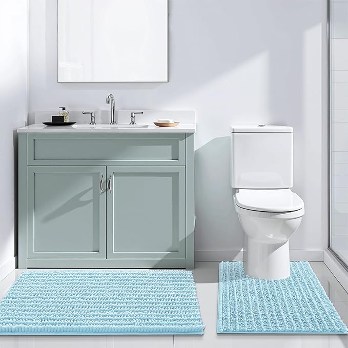Arotive Luxury Chenille Bathroom Rug Mat, Extra Soft Thick Absorbent Shaggy Bath Rugs, Non-Slip Machine Wash Dry, Plush Bath Mats for Bathroom, Shower and Tub, 44x24, Blue