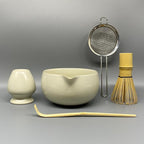 Matcha Whisk Set – 5 Pcs Matcha Set Whisk and Bowl with Spout, Bamboo Scoop, Sifter & Holder – Ru Kiln Matcha Bowl Japanese Tea Kit for Gifts, Home Use & Ceremonial Rituals (White)