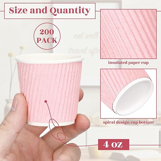 Yaomiao 200 Pcs 4 oz Disposable Espresso Coffee Cups Ripple Corrugated Paper Insulated Hot Cups for Party Cold Drinks Hot Beverage Tea(Pink)