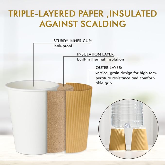 500 Pack 12 oz Paper Coffee Cups, Ripple Insulated Paper Cups, Hot Water Cups for Home, Office, Hotel, Meetings, Parties