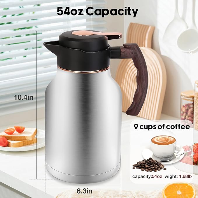54oz Thermal Coffee Carafe, Stainless Steel Insulated Vacuum Carafe, Carafes for Keeping Hot, for Hot Water, Tea, Cold Drinks (Silver)