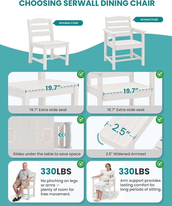 SERWALL HDPE Dining Set for 6: 1 Umbrella Hole Table, 4 Armless + 2 Armchairs. - Image 8