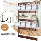 Wall Mounted Coffee Mug Holder, Large 5 Tier Shelf with 20 Hooks for Cups, Rustic Wooden Display Rack for Kitchens, Homes and Bars (Walnut)