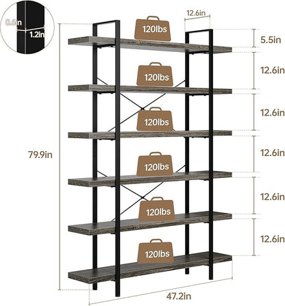 Heavy Duty 6-Tier Industrial Bookcase, 120lbs Shelf Capacity, Rustic Open - Image 2