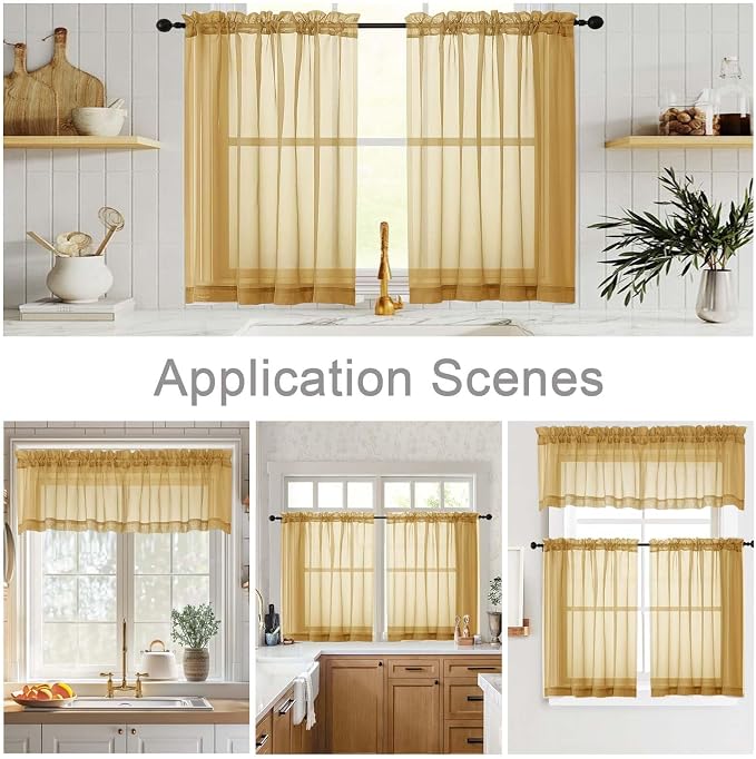 Gold Kitchen Curtains 30 Inch Length Tier 2 PCS, Solid Soft Airy Half Curtains - Image 7